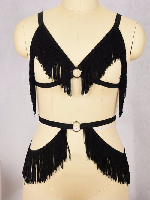 Ensemble lingerie burlesque noir à franges sexy